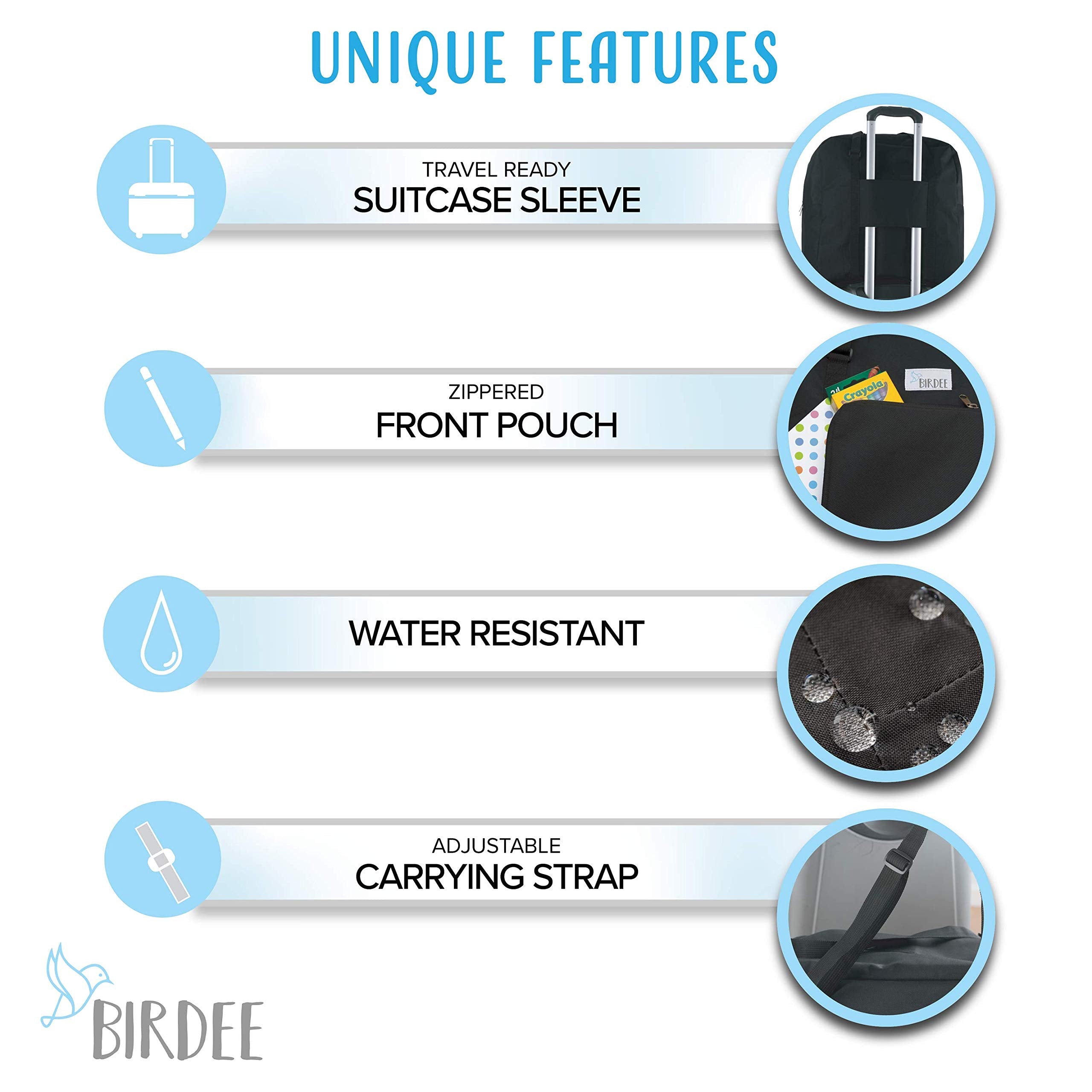 Birdee booster seat bag shows water-resistant nylon protection