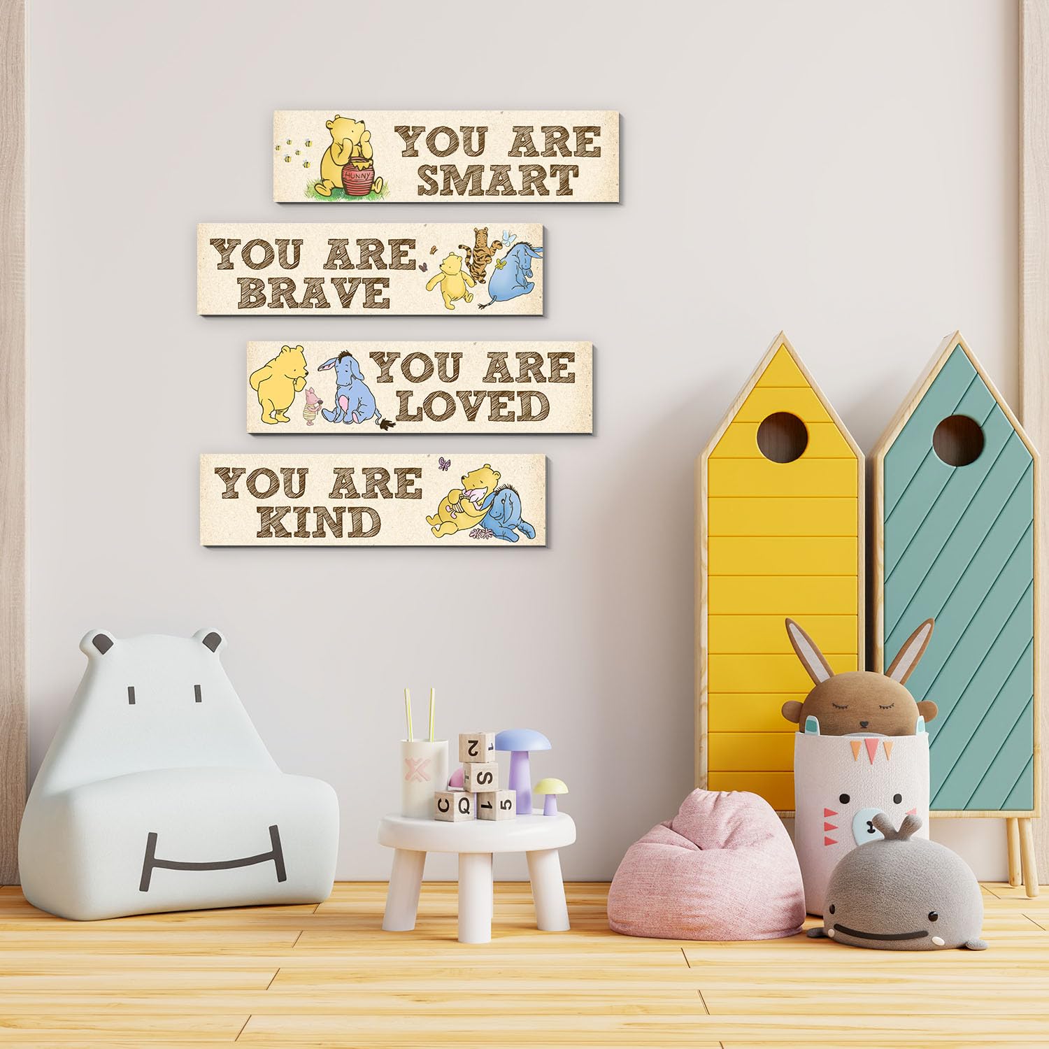 BirtDerr Winnie sign set offers versatile placement in playrooms or living areas.