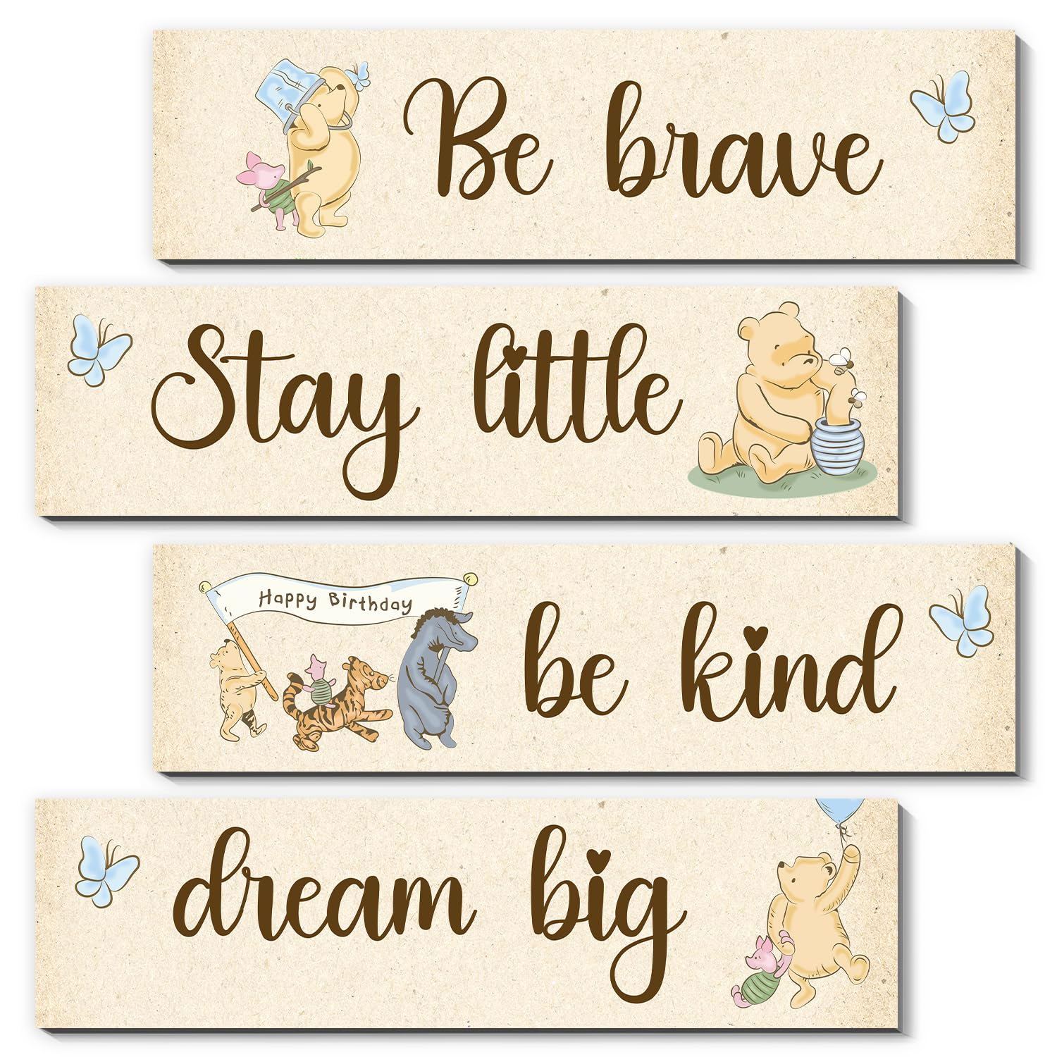BirtDerr Winnie 4pc wall decor set brightens nursery walls with playful Pooh signs.