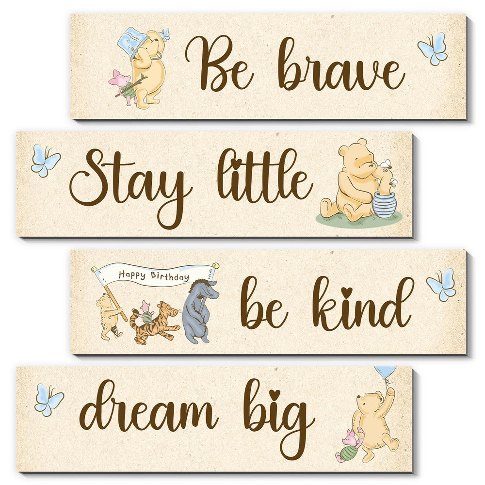 BirtDerr Winnie 4pc wall decor set brightens nursery walls with playful Pooh signs.