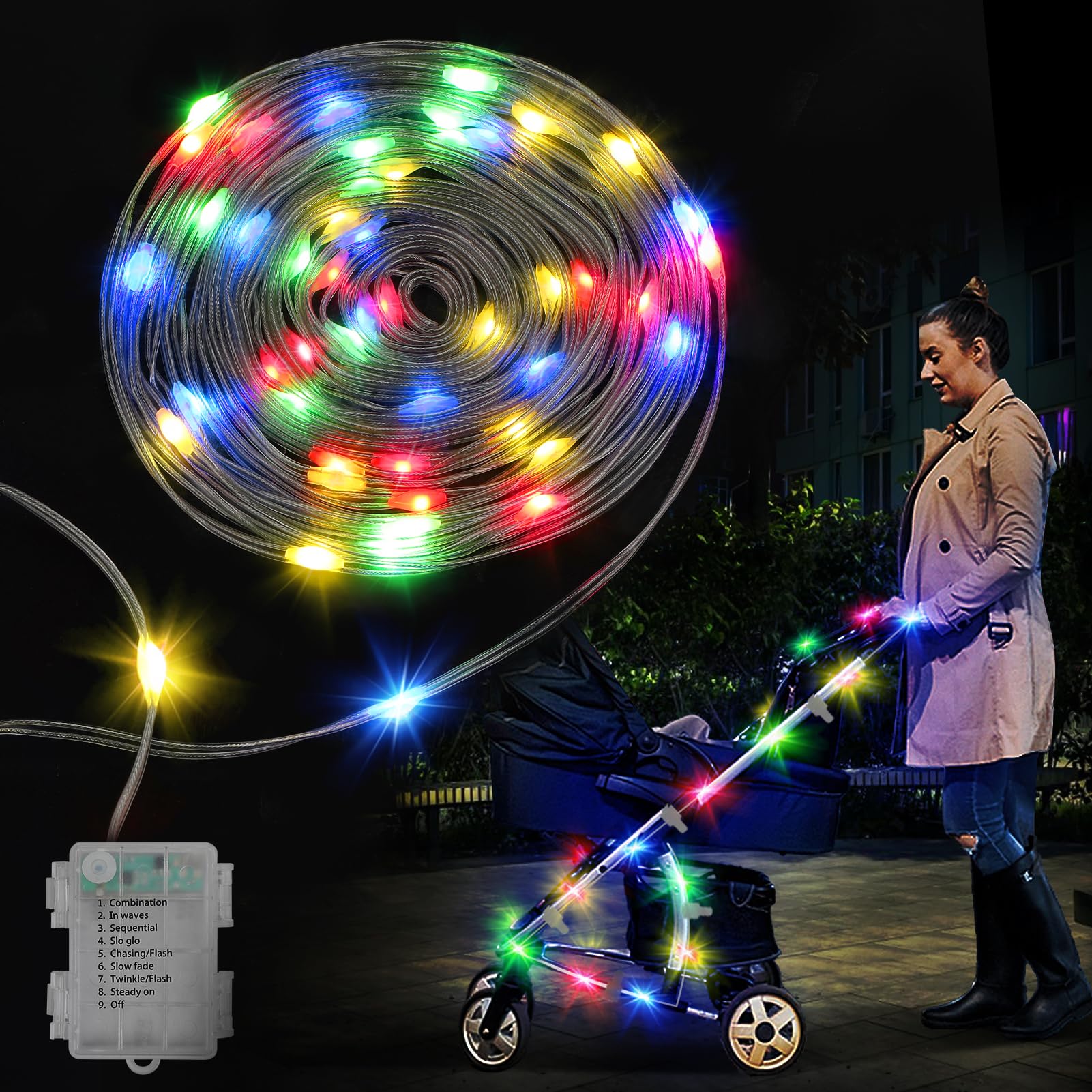 Biubee stroller lights 16.4ft strip installed on a stroller for night visibility.