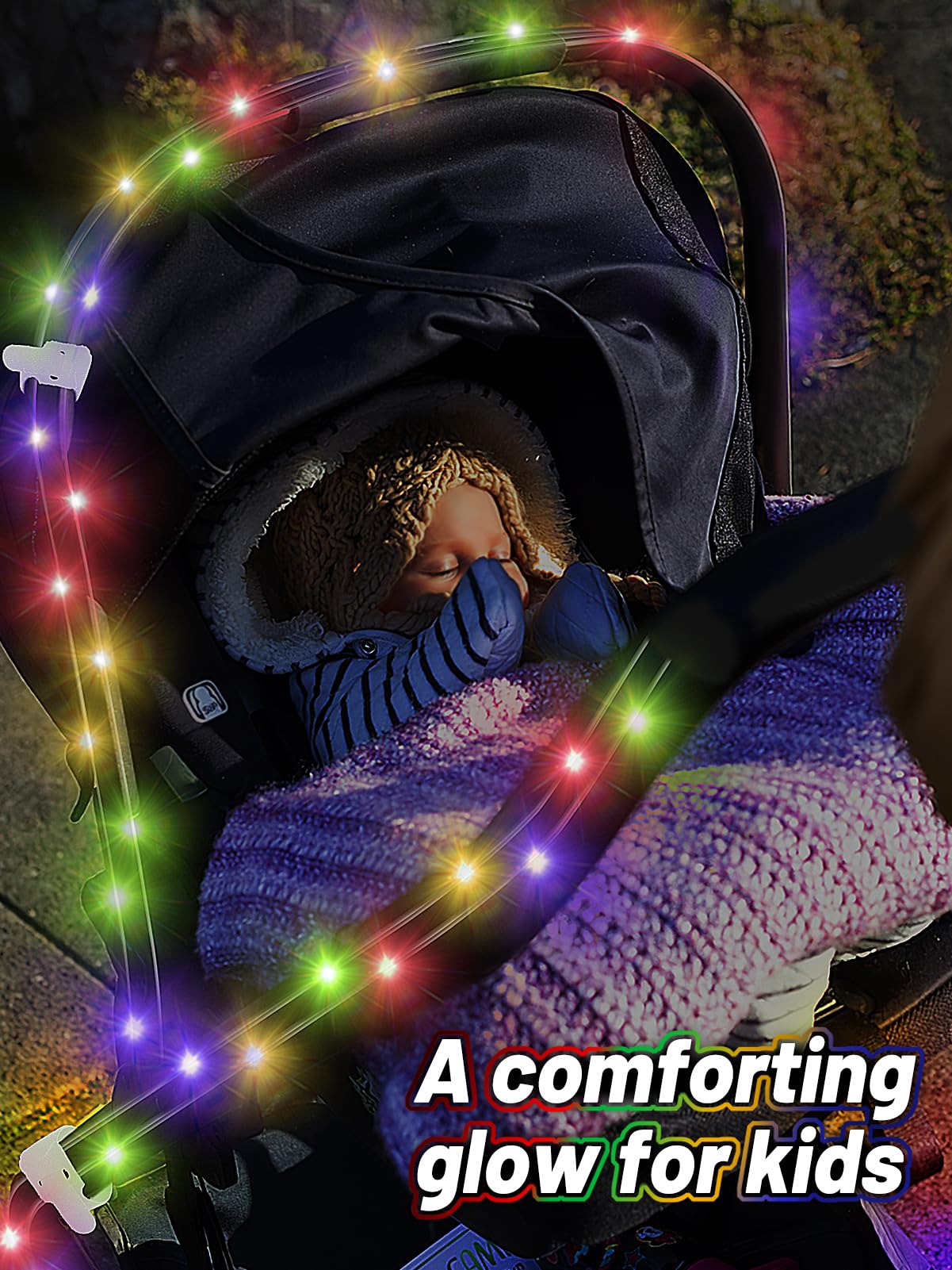 Biubee lights secured with cable ties for stable stroller attachment.