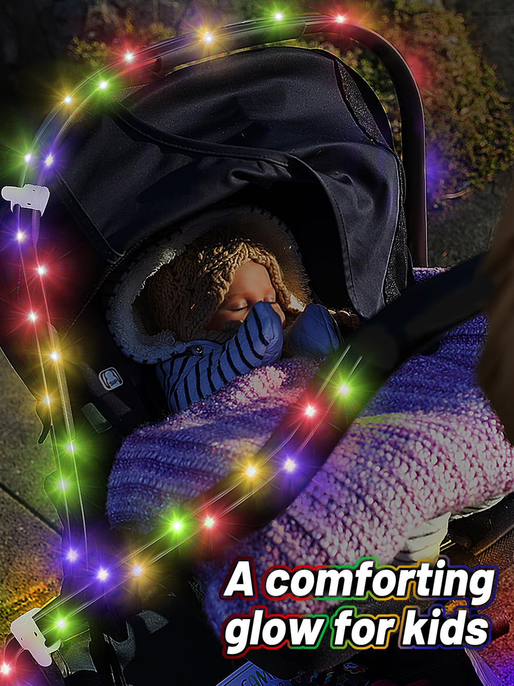 Biubee lights secured with cable ties for stable stroller attachment.