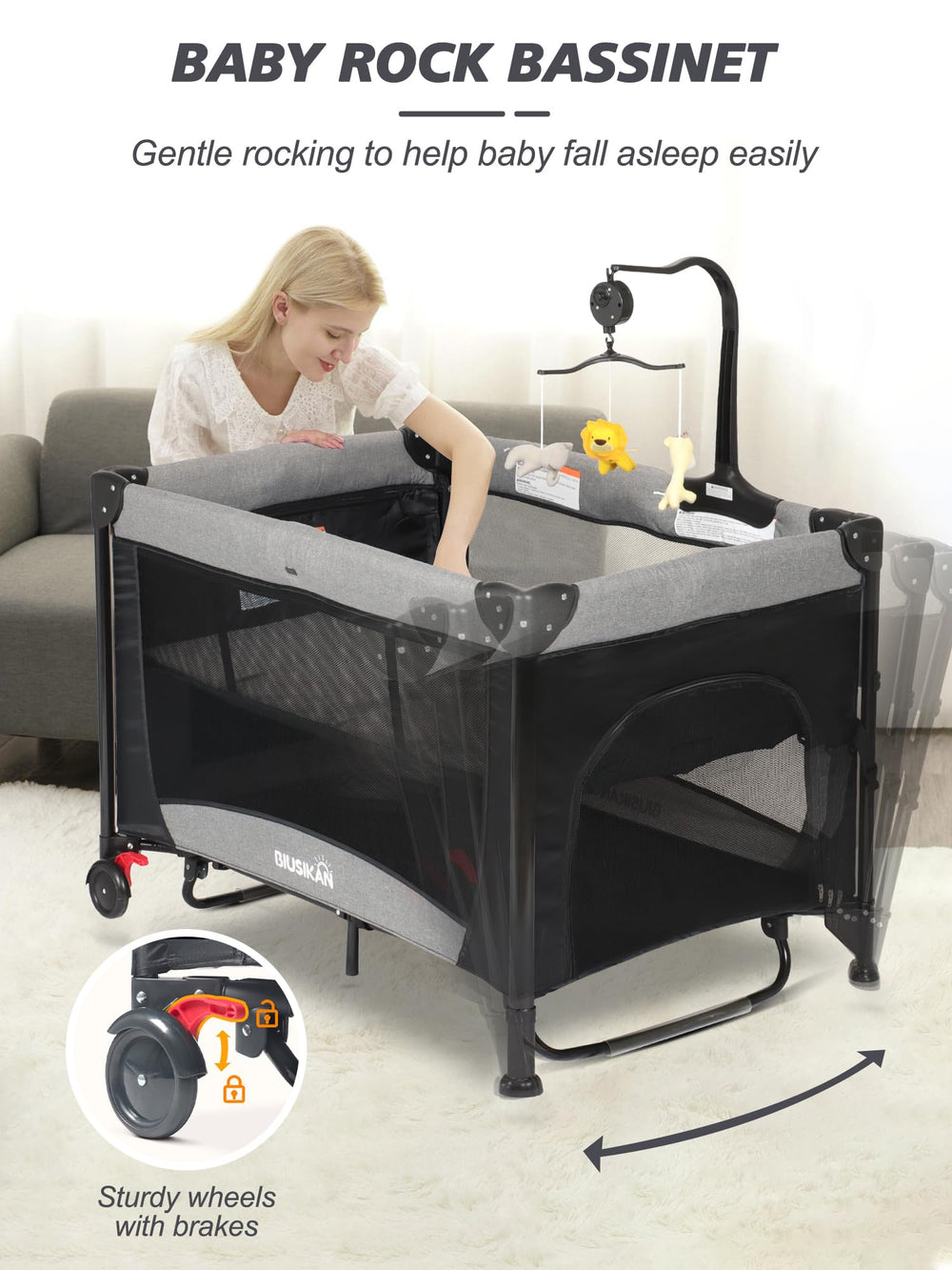 BIUSIKAN baby bassinet with mosquito net protects baby from insects during naps.