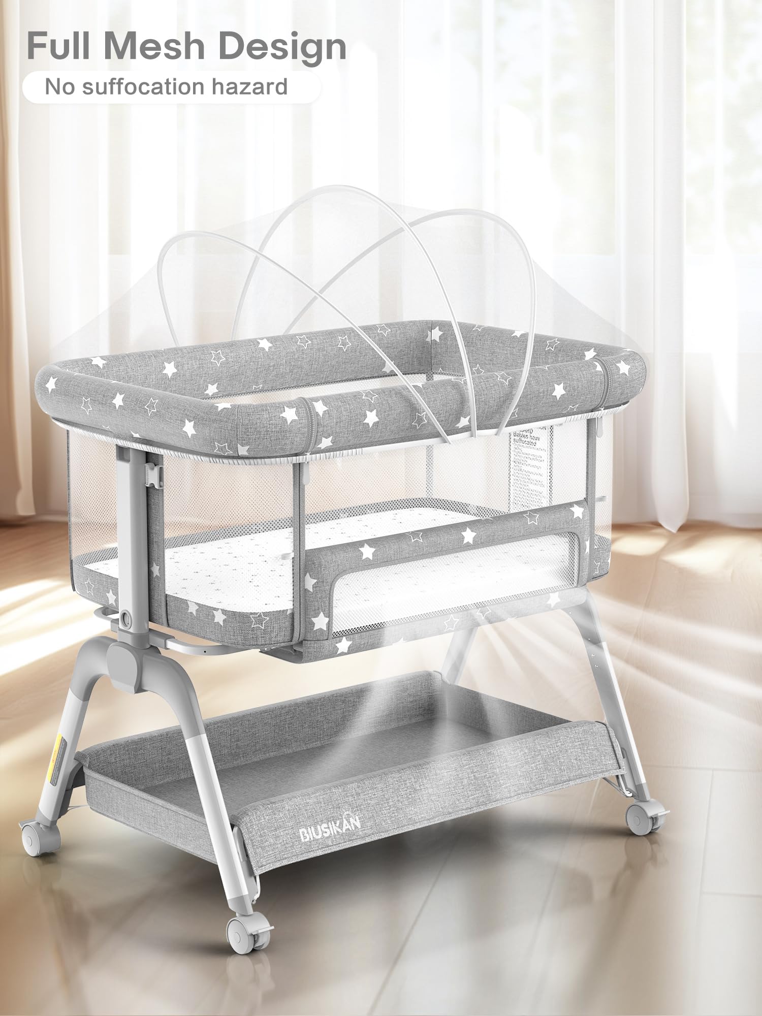 BIUSIKAN bassinet attached securely to adult bed using safety straps