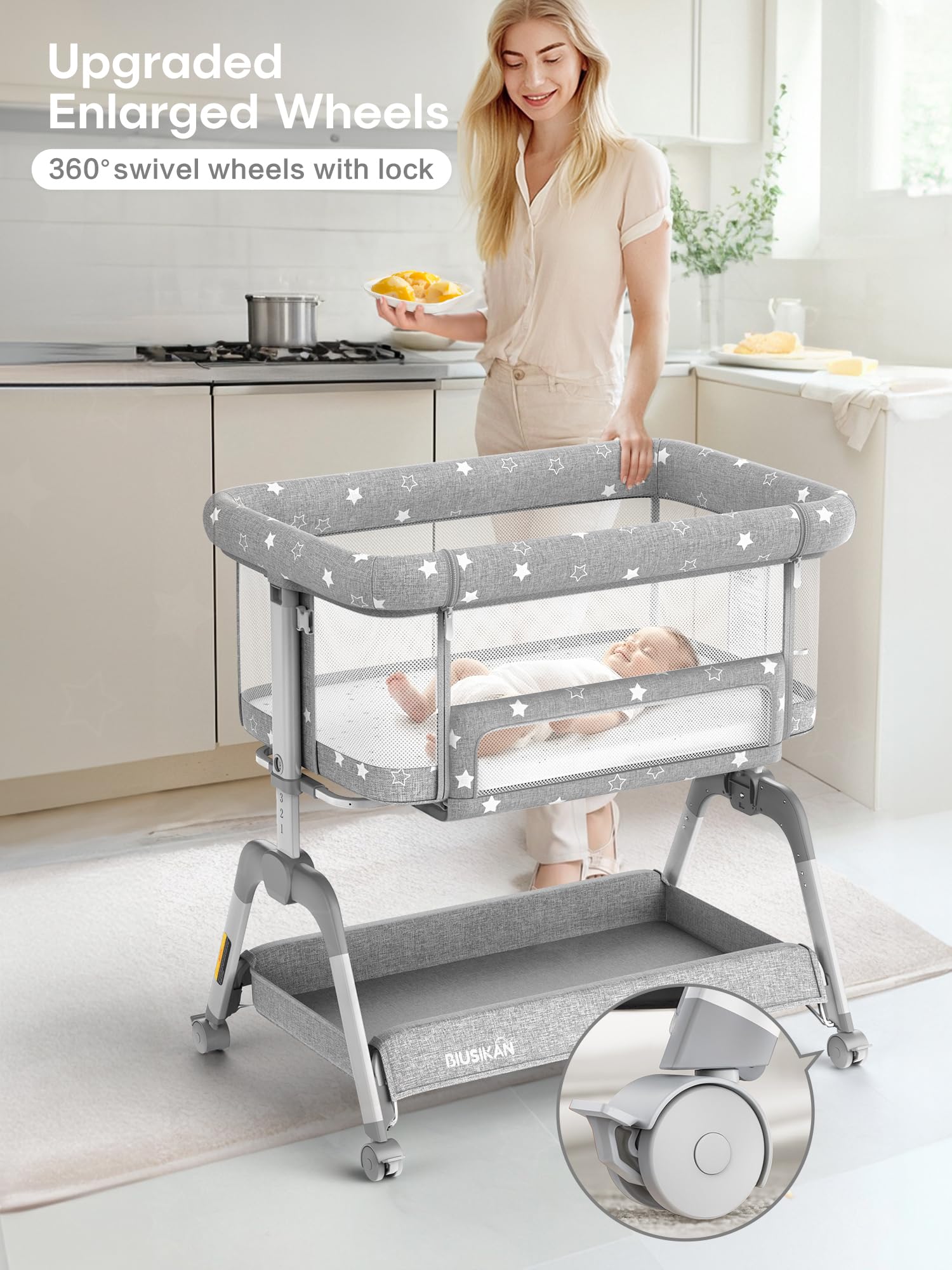 BIUSIKAN bassinet upgraded braking wheels for easy maneuverability