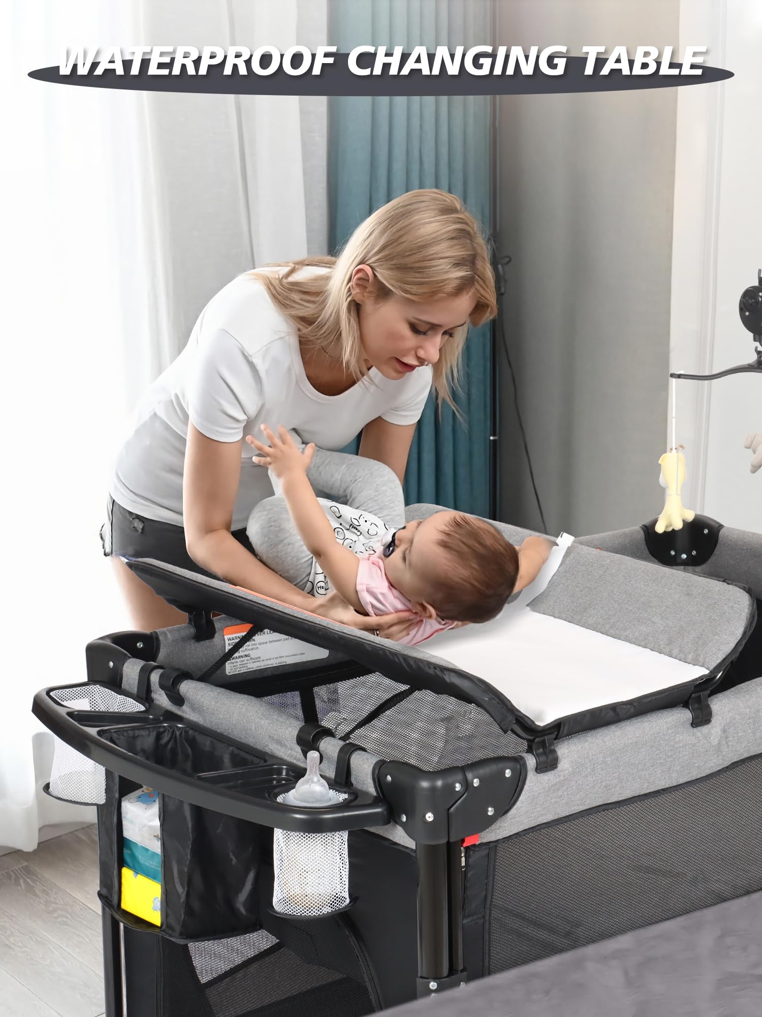 BIUSIKAN bedside sleeper with diaper changer keeps baby close and diaper-ready within arm's reach.