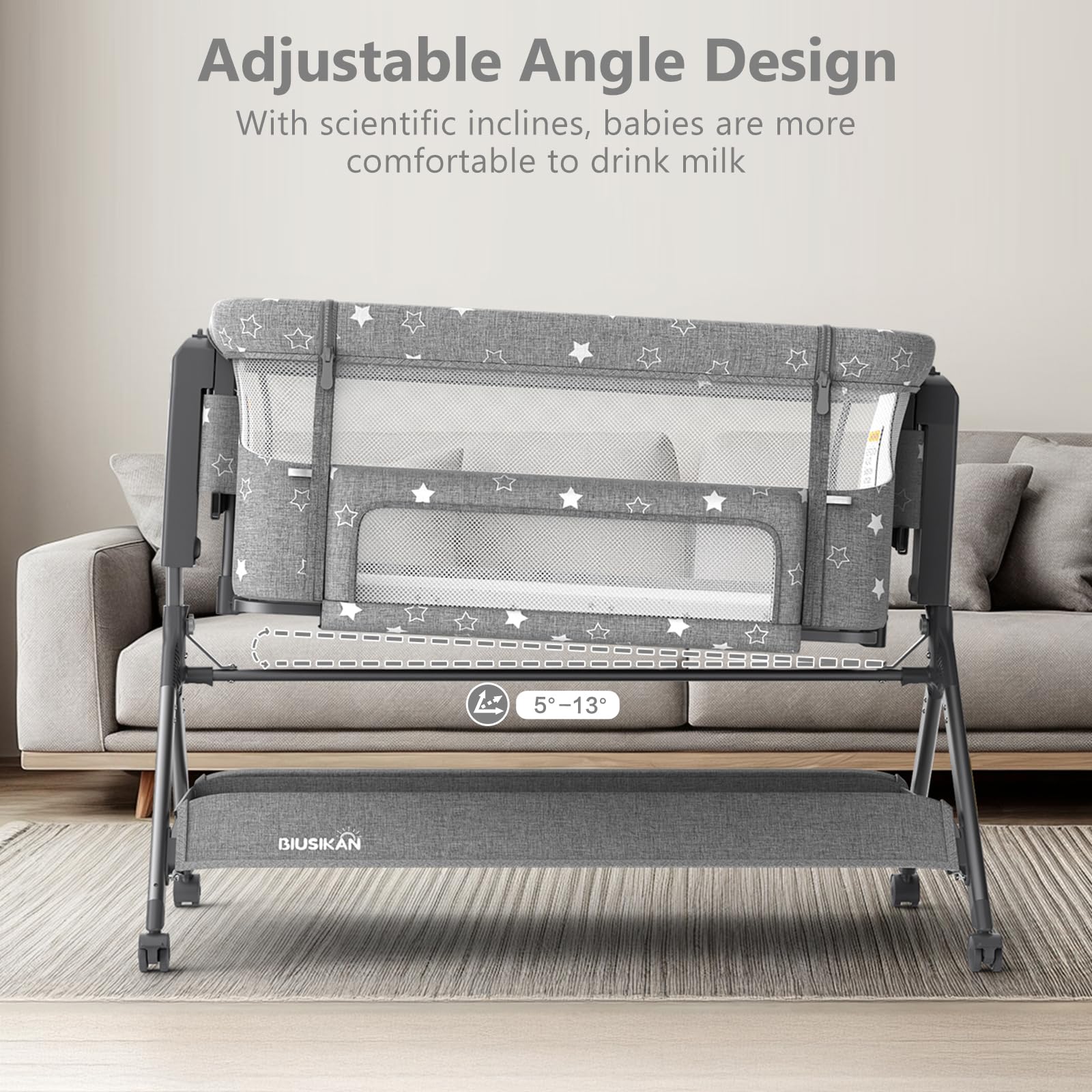 Biusikan adjustable height aligns with your bed for late-night routines.