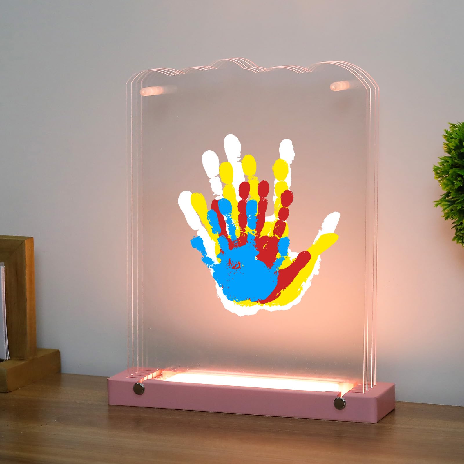 Bixinyo Family Handprint Kit pink wooden base glows softly for cozy nights.
