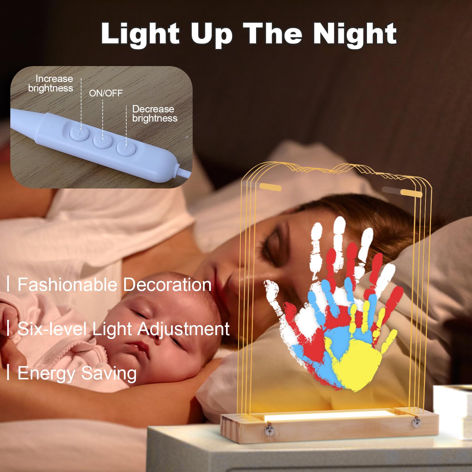 Bixinyo wooden LED base night light showcasing family handprints for daily encouragement.