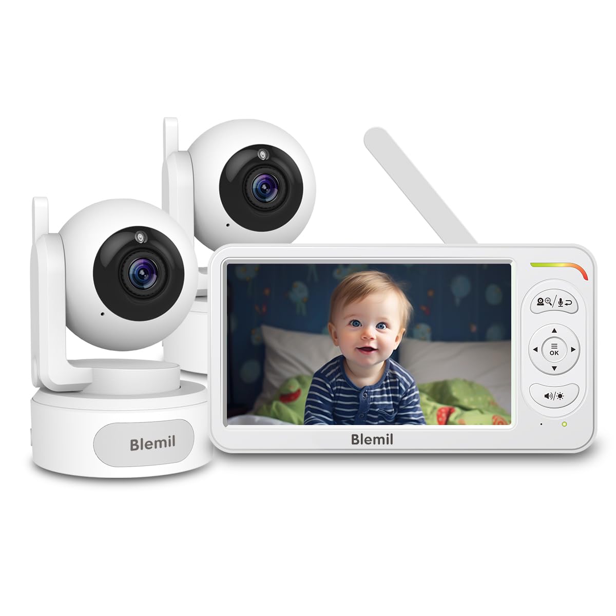 Blemil dual-camera baby monitor on a 6-inch screen with split-screen view for two-room monitoring