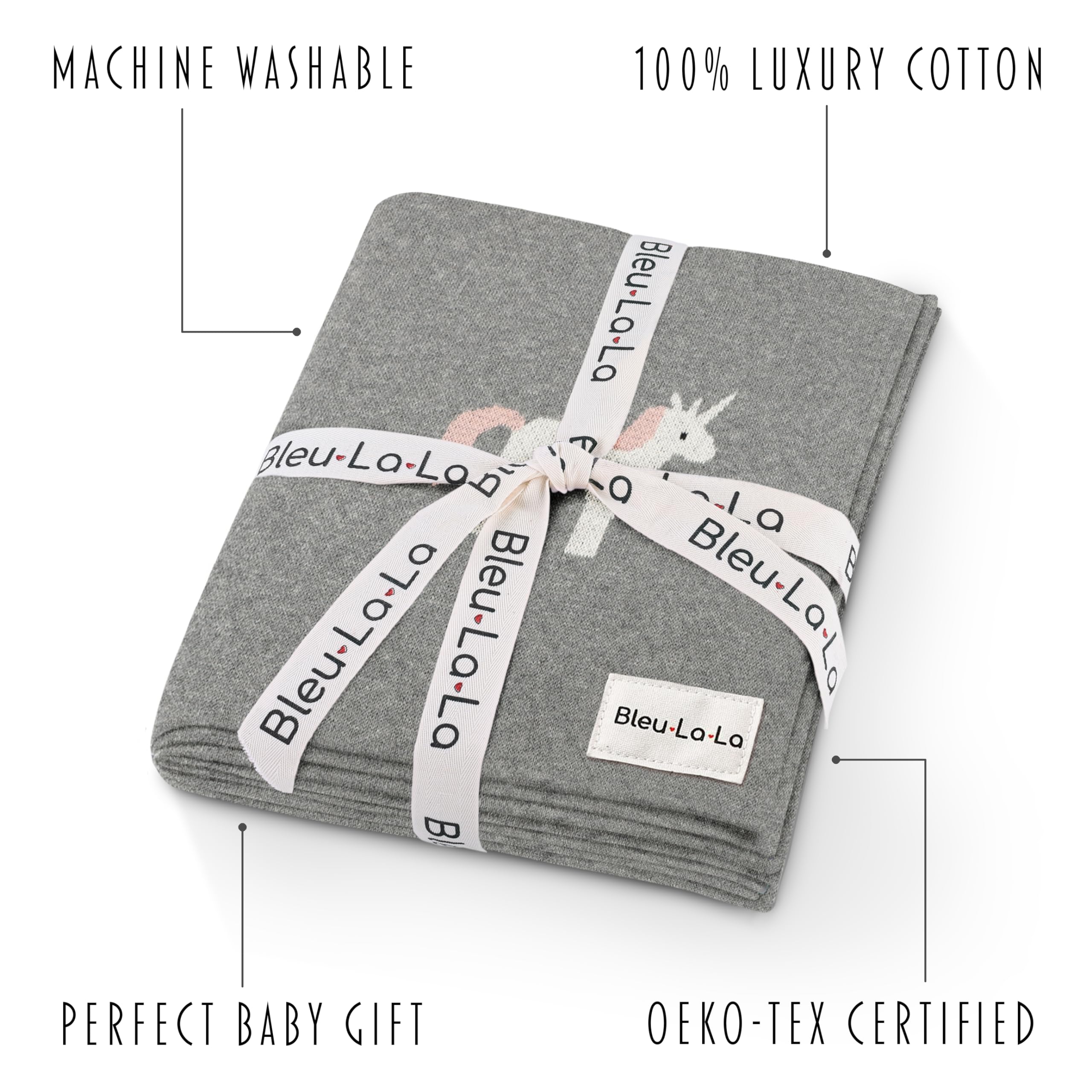 Bleu La La all-season 36x32 baby blanket suitable for swaddling and stroller use.