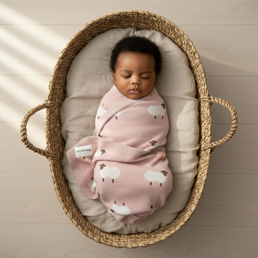 Bleu La La baby blanket swaddle setup demonstrates easy, cozy wrapping for newborn comfort.