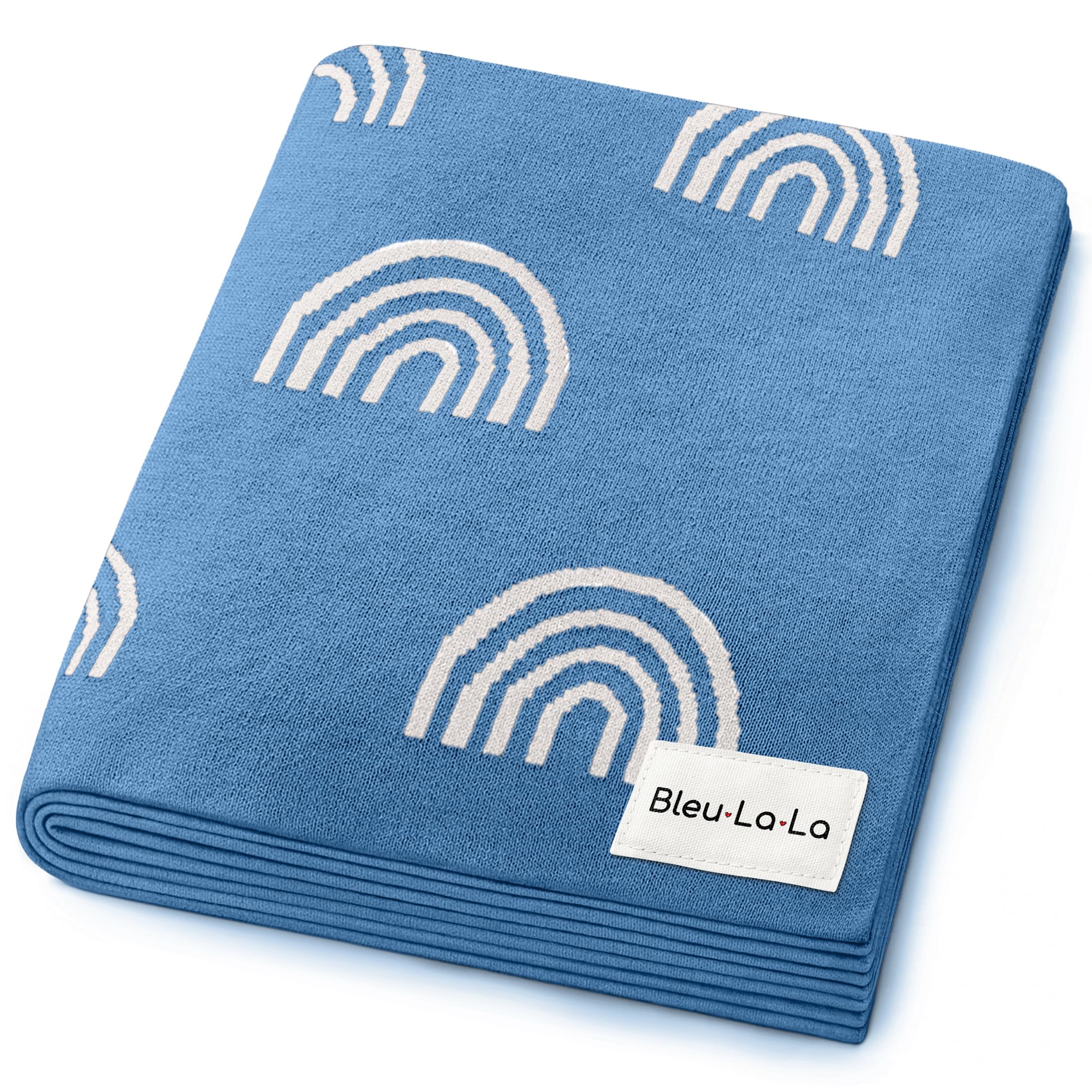 Bleu La La baby receiving blanket rainbow blue closeup showing buttery cotton softness for newborn comfort