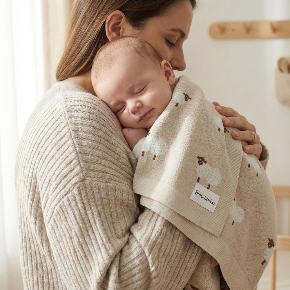 Bleu La La swaddle blanket draped over crib decor with neutral charm.