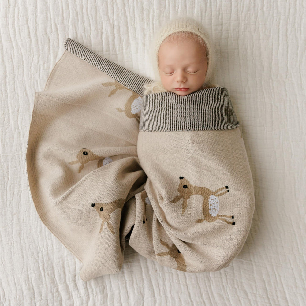 Bleu La La blanket folded in gift box, ready for registry or shower gift