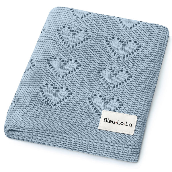 Bleu La La Heirloom Heart Knit blanket in sky blue, ultra-soft cotton for delicate baby skin.