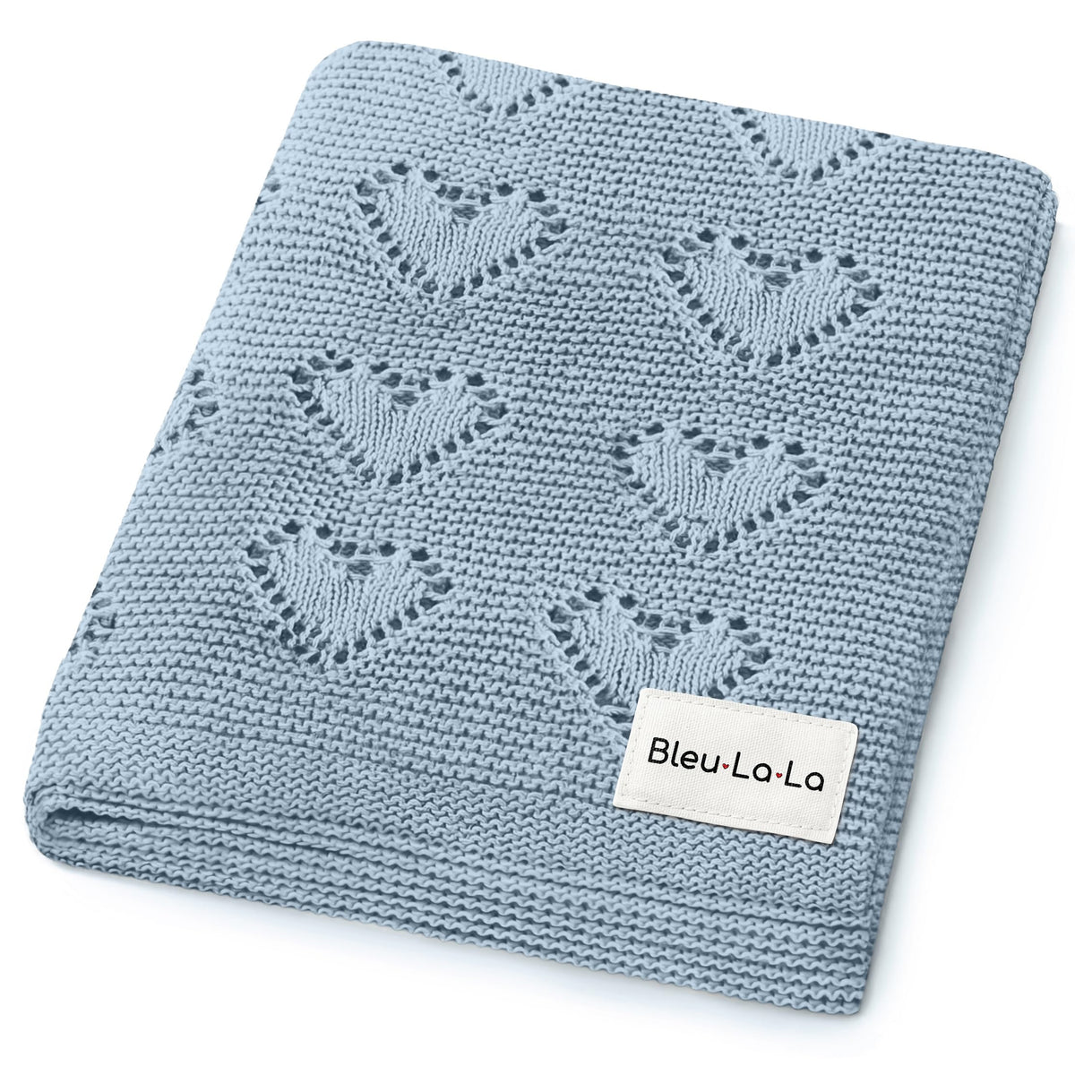 Bleu La La Heirloom Heart Knit blanket in sky blue, ultra-soft cotton for delicate baby skin.
