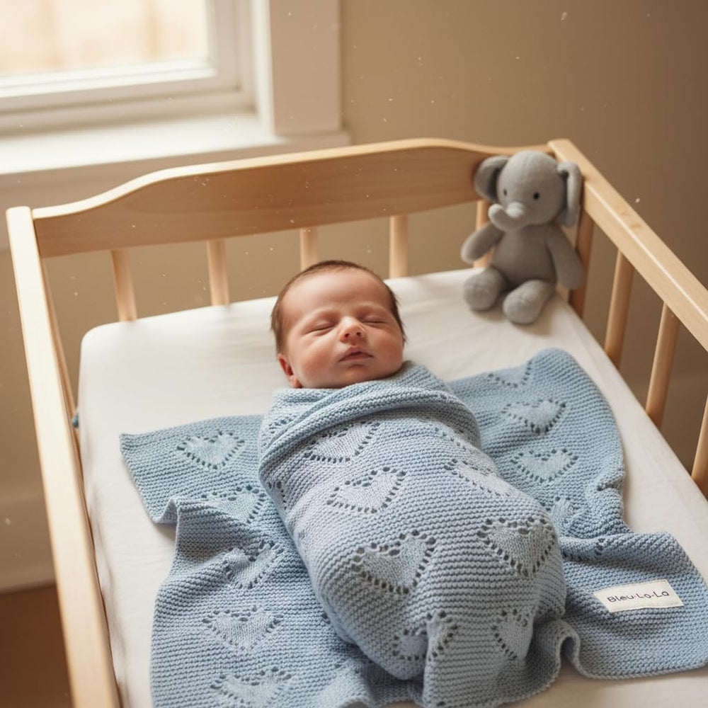 Sky blue Bleu La La Heirloom Heart Knit blanket used with a stroller for on-the-go comfort.