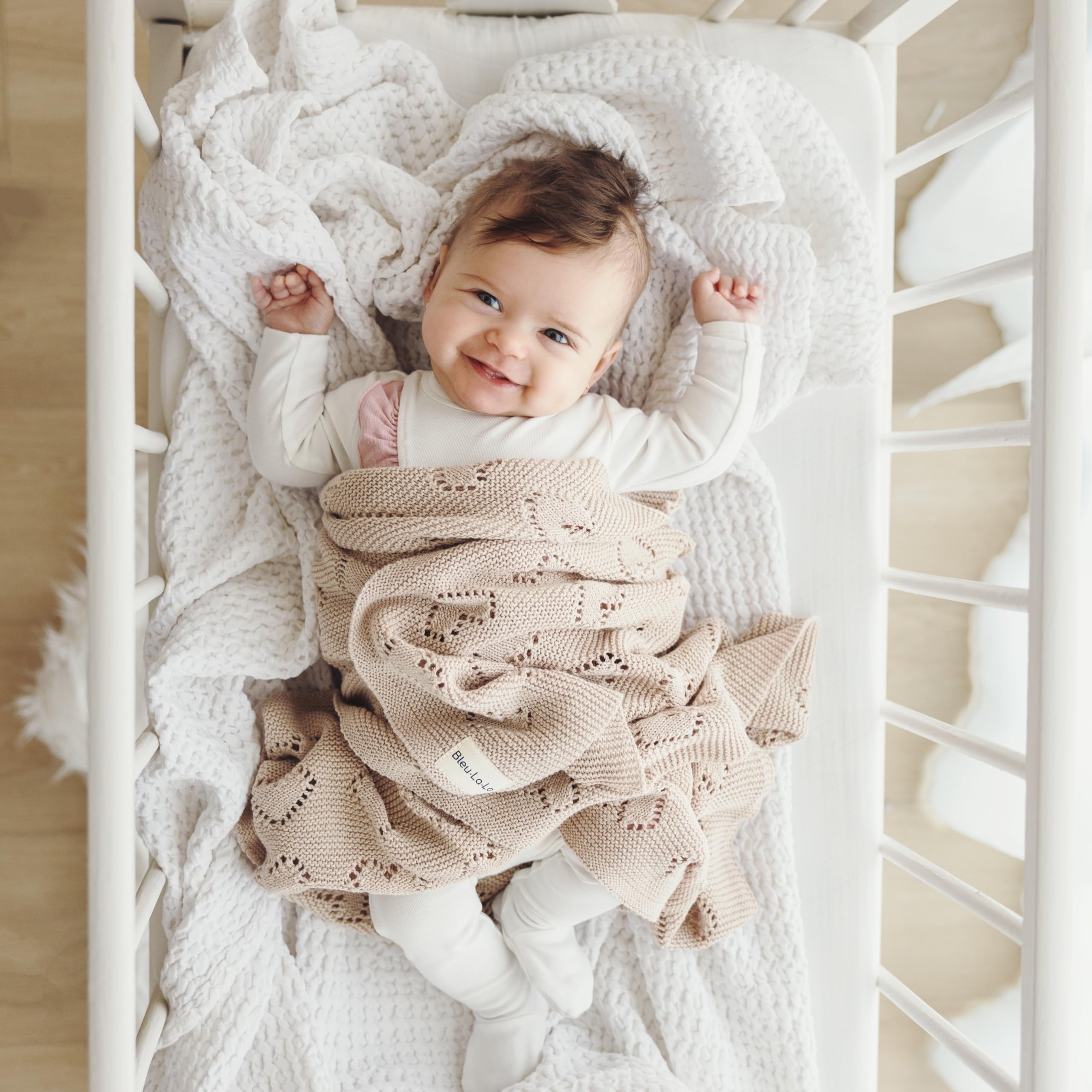 Bleu La La Heirloom Knit Heart Blanket in nursery décor adds soft warmth and charm