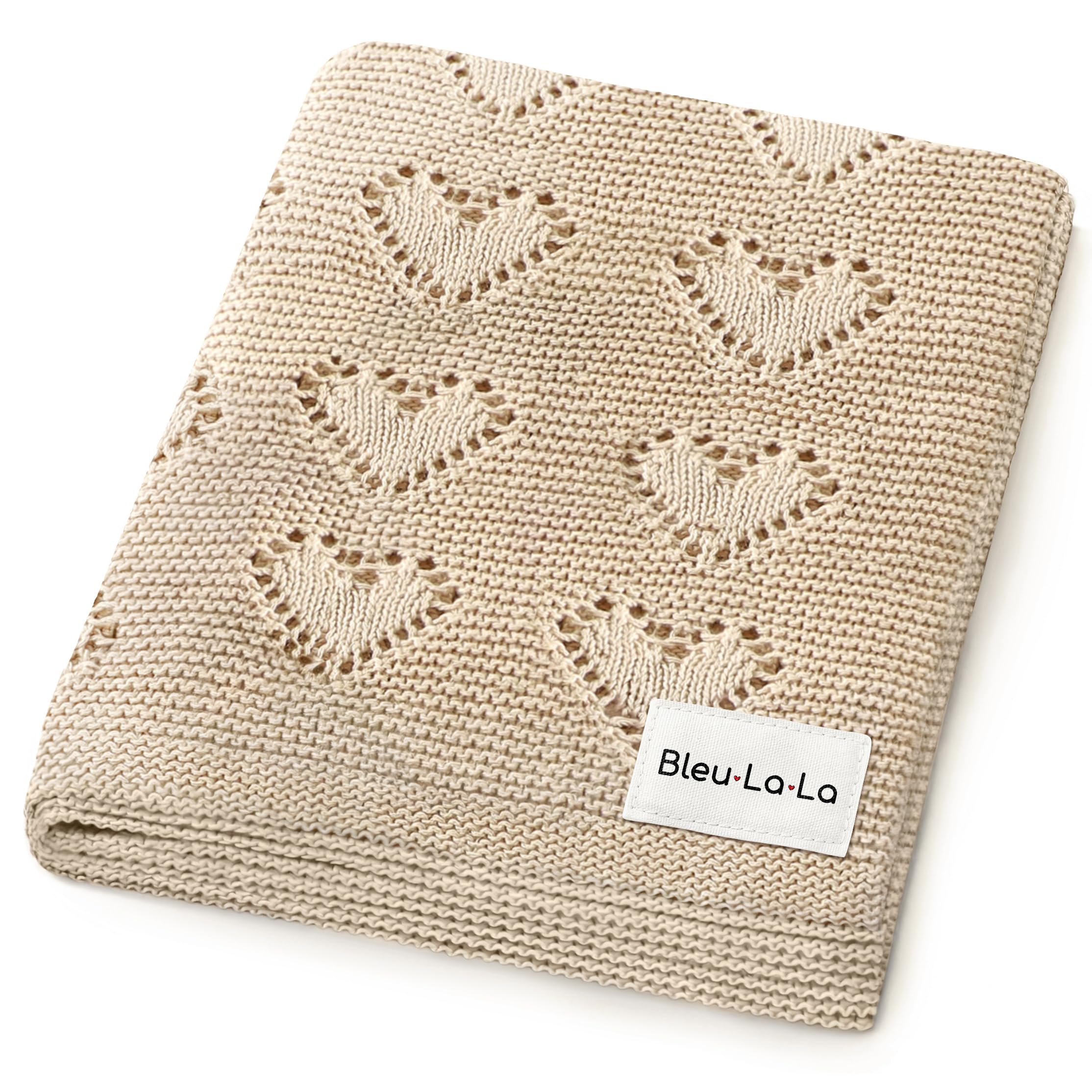 Bleu La La Heirloom Knit Heart Blanket in oatmeal; ultra-soft cotton for gentle newborn skin