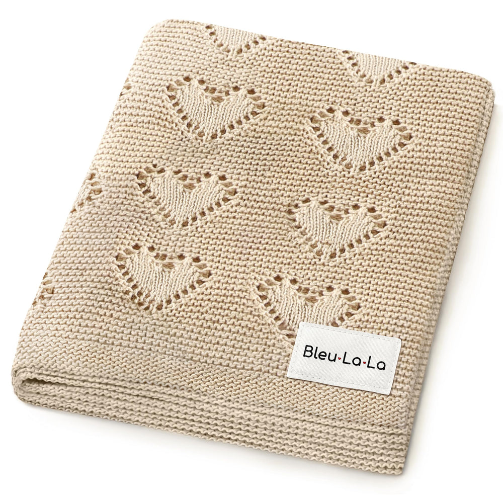 Bleu La La Heirloom Knit Heart Blanket in oatmeal; ultra-soft cotton for gentle newborn skin