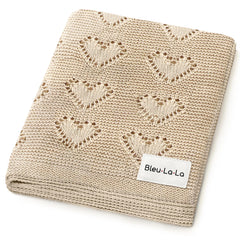 Bleu La La Heirloom Knit Heart Blanket in oatmeal; ultra-soft cotton for gentle newborn skin