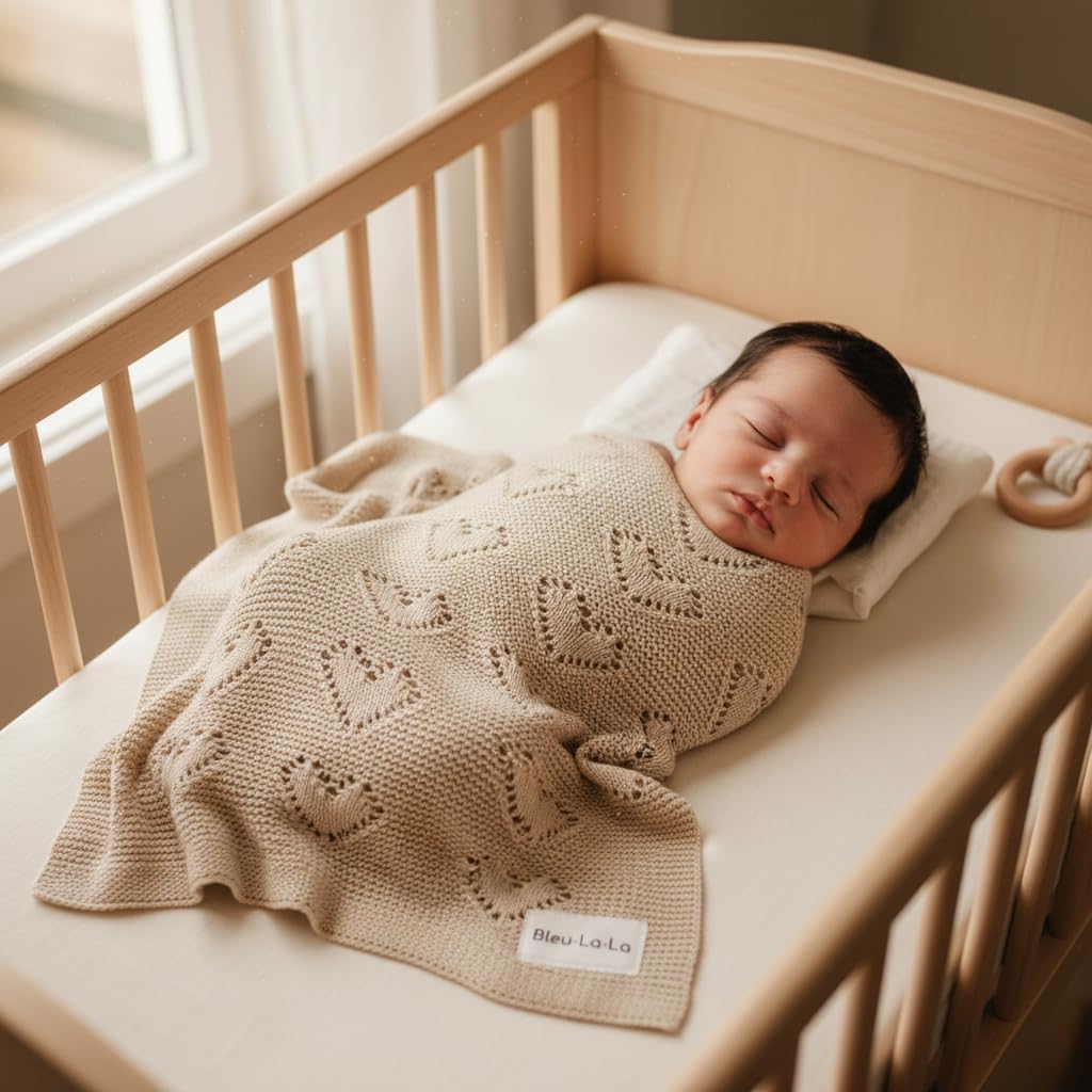 Bleu La La Heirloom Knit Heart Blanket soft oatmeal shade for nursery ambiance