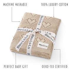 Bleu La La Heirloom Knit Heart Blanket swaddle-ready for soothing newborn cuddles and cozy naps