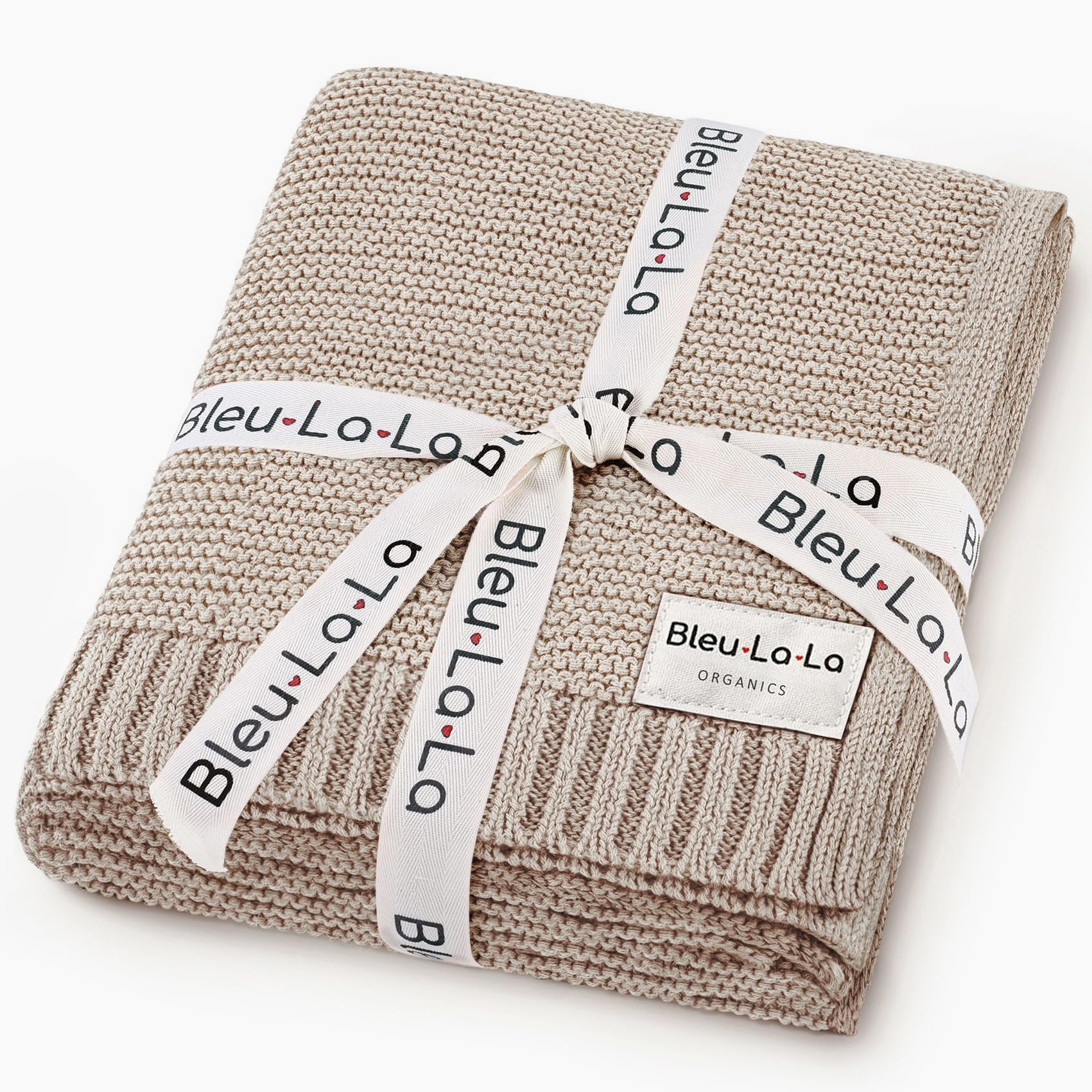 Bleu La La Heritage Knit organic cotton baby blanket in oatmeal; soft, breathable weave for delicate skin.