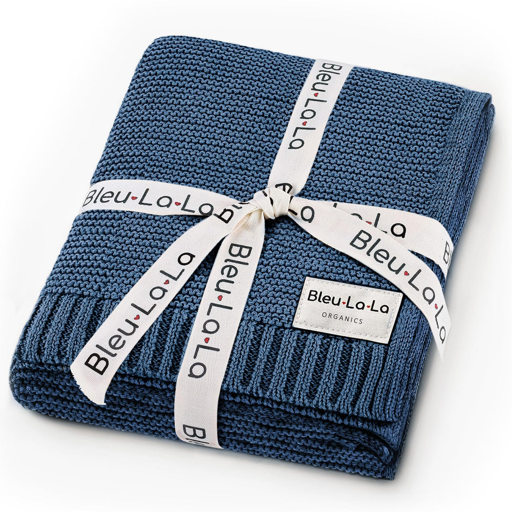 Bleu La La Heritage Knit swaddle in denim blue, breathable organic cotton for newborn comfort