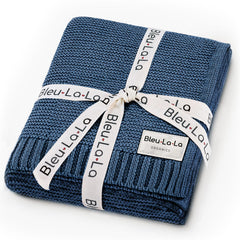Bleu La La Heritage Knit swaddle in denim blue, breathable organic cotton for newborn comfort