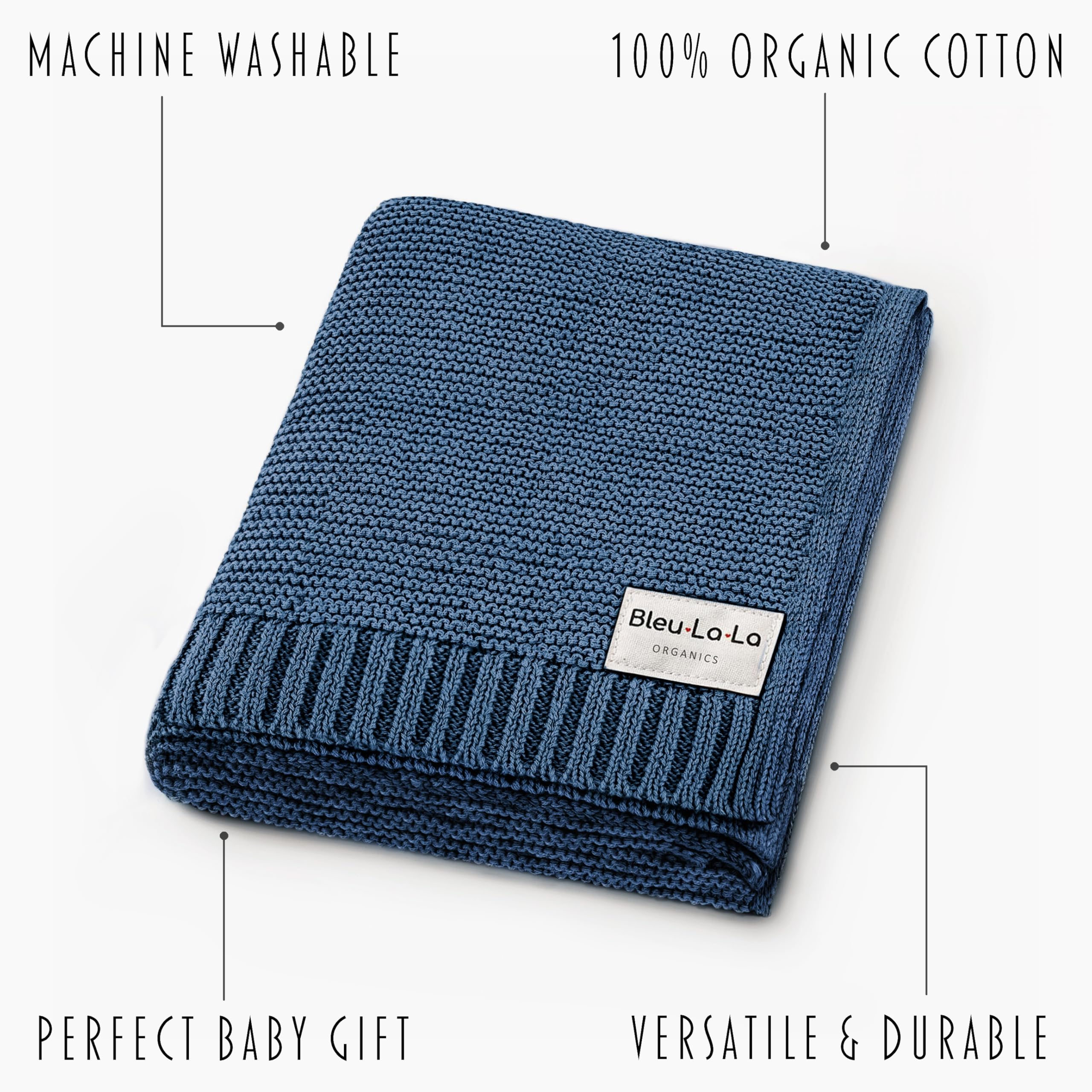 Bleu La La swaddle blanket denim blue laid out to highlight size 36x32 inches