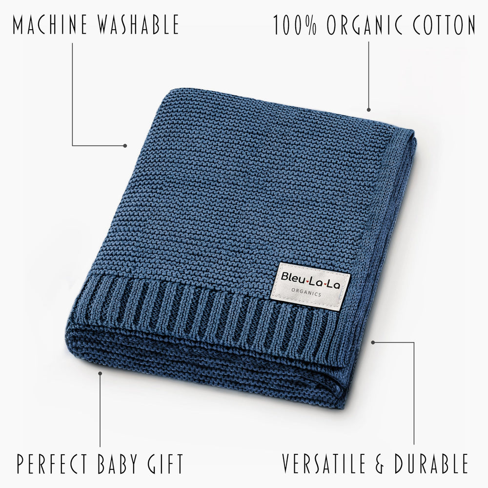 Bleu La La swaddle blanket denim blue laid out to highlight size 36x32 inches