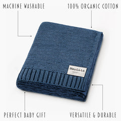 Bleu La La swaddle blanket denim blue laid out to highlight size 36x32 inches