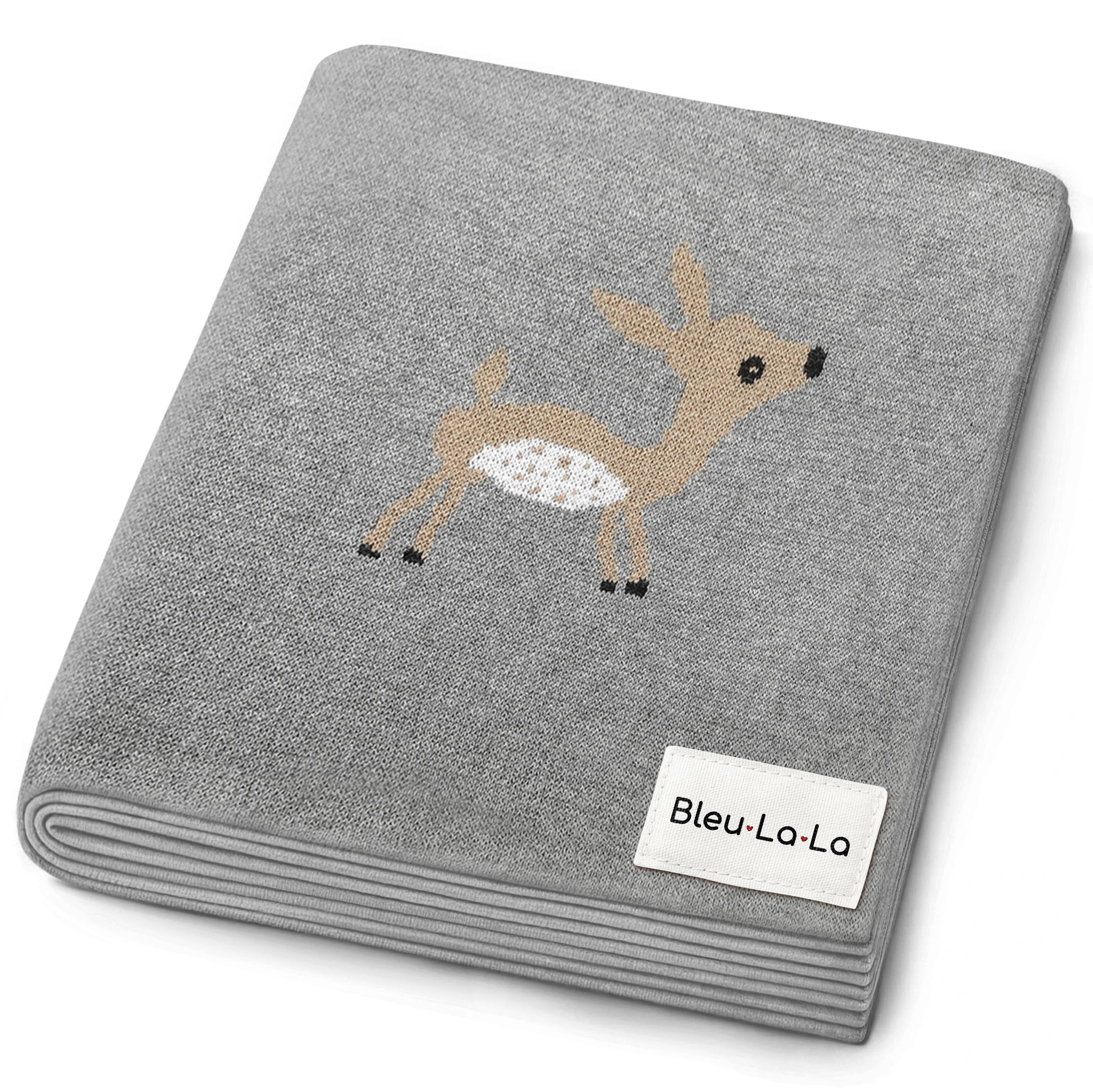 Bleu La La knit baby swaddle deer grey closeup showing soft cotton texture for wrapping