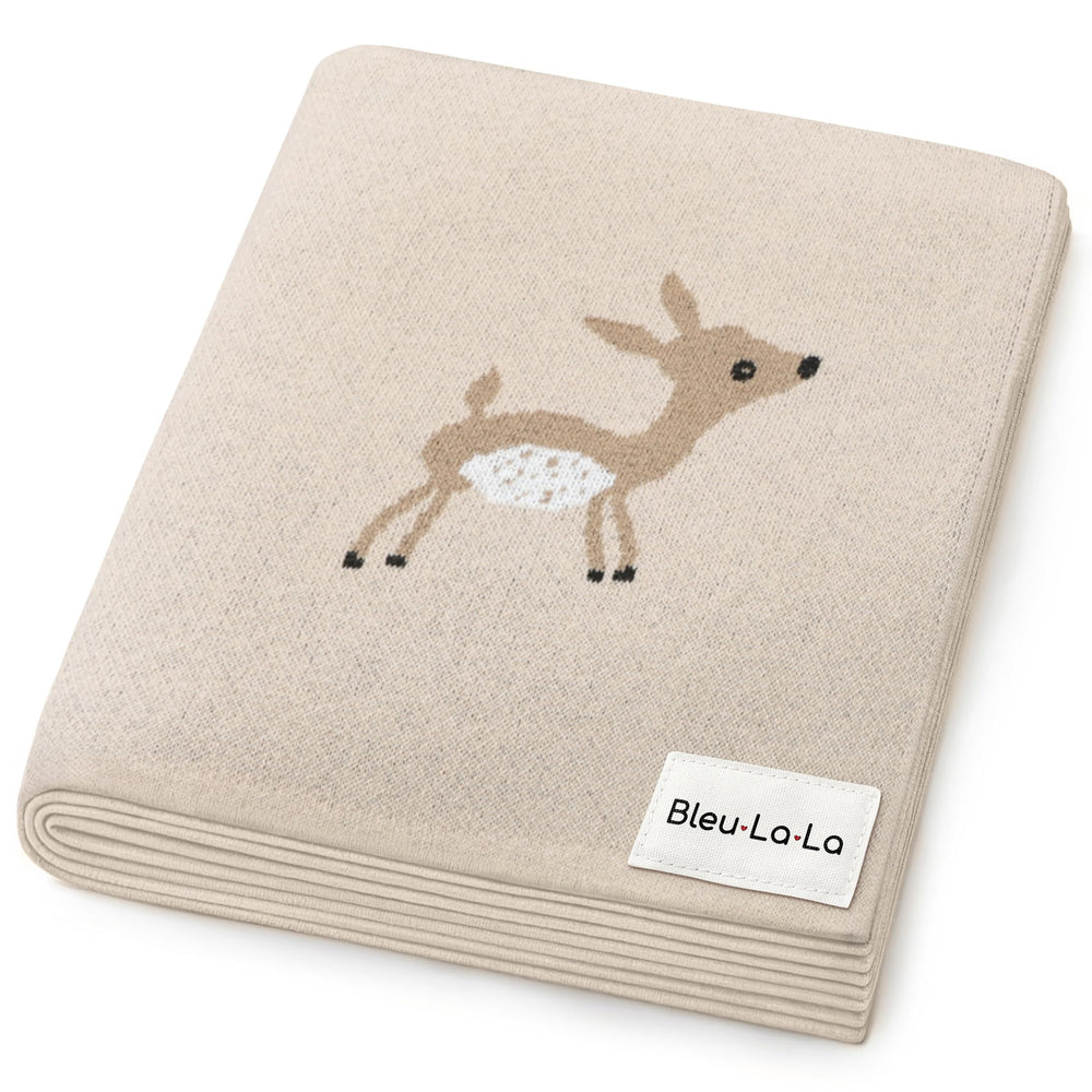 Bleu La La knit baby swaddle in deer taupe pattern, soft cotton for delicate skin
