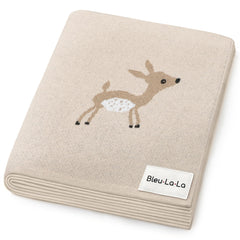 Bleu La La knit baby swaddle in deer taupe pattern, soft cotton for delicate skin