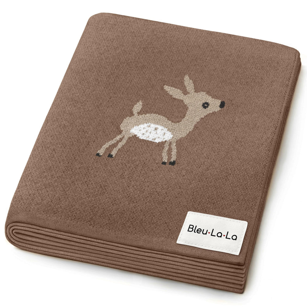 Bleu La La knit baby swaddling blanket with deer mocha pattern for cozy swaddling.