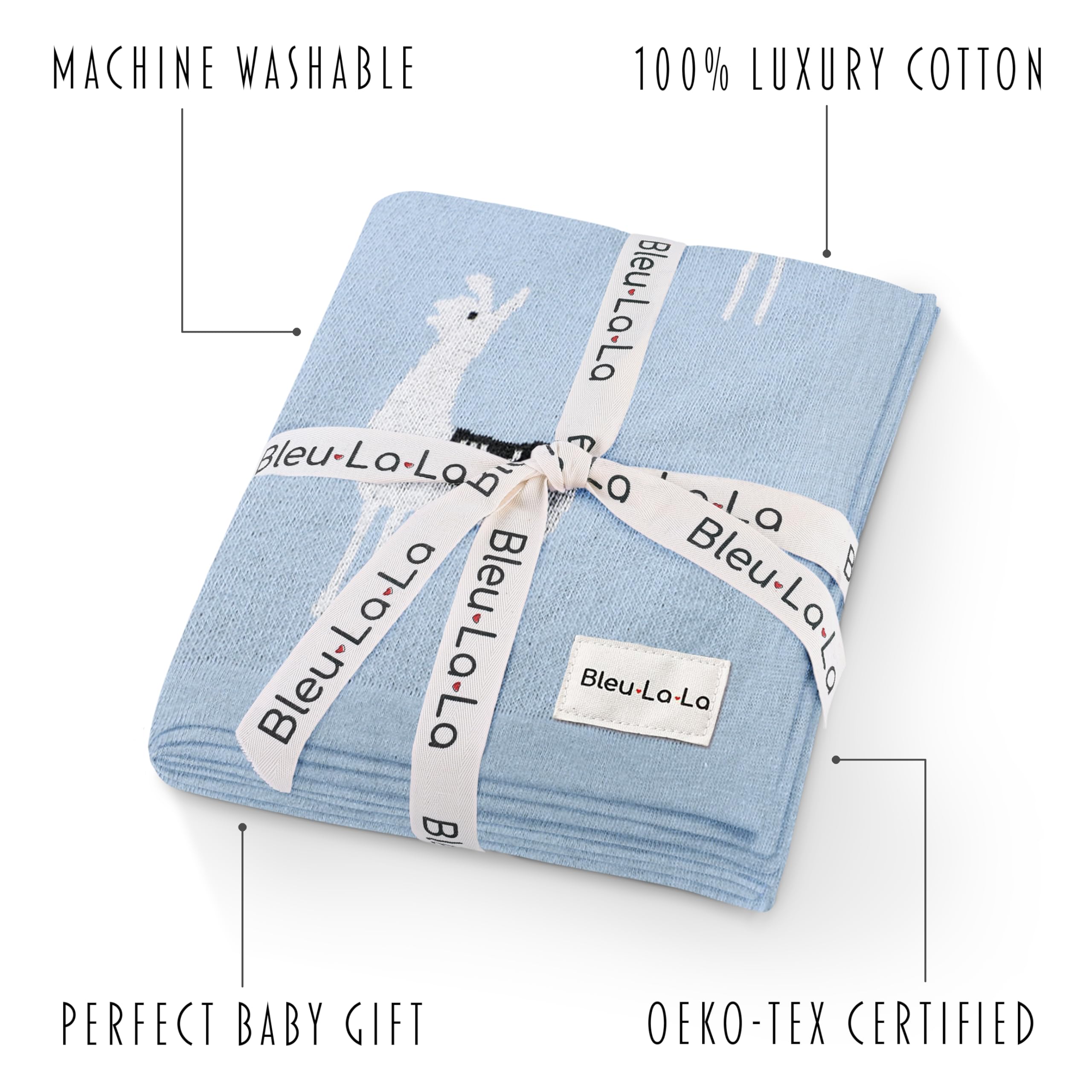 Bleu La La knit blanket in soft cotton for crib cuddles.