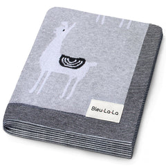 Bleu La La llama-pattern blanket provides cozy newborn warmth.