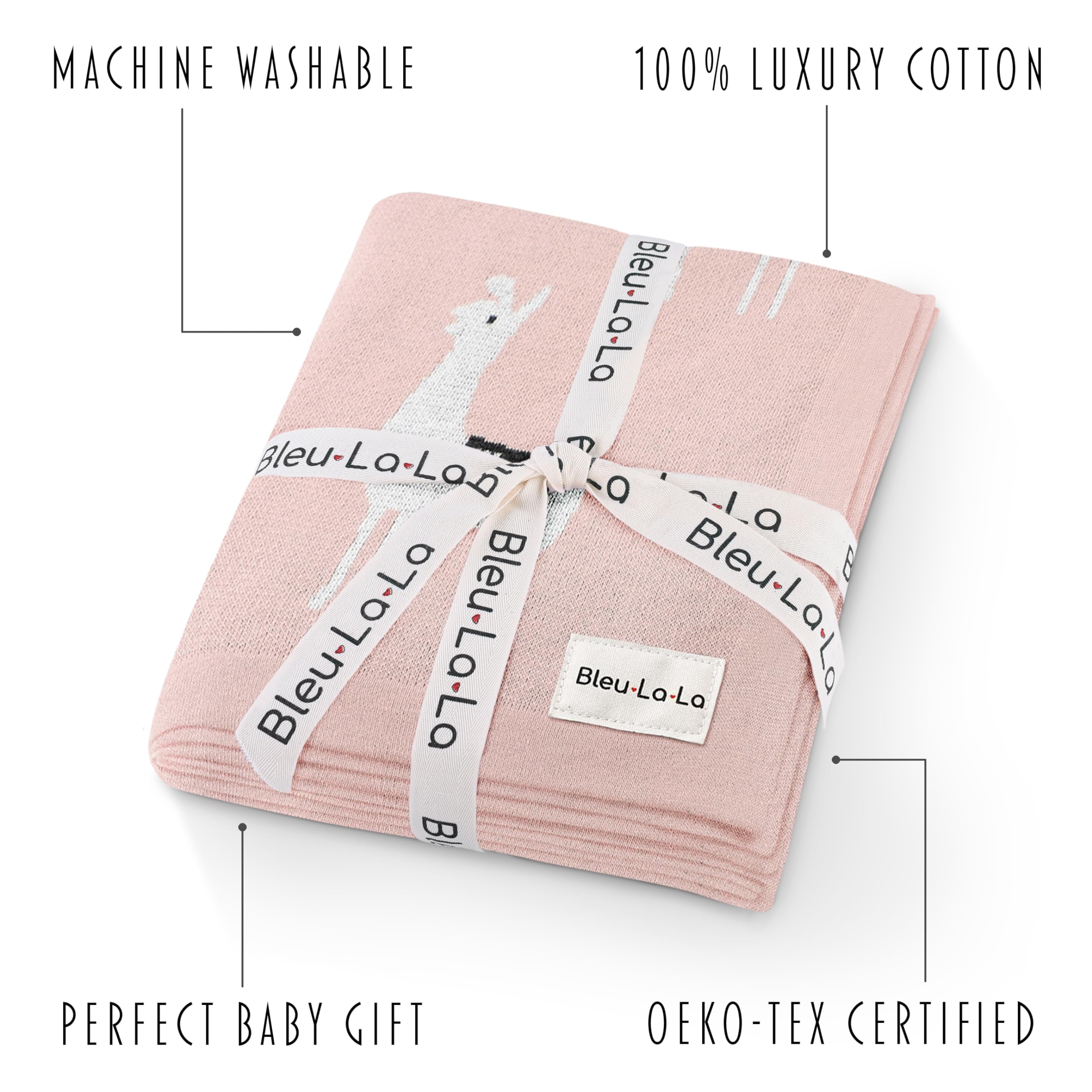 Bleu La La llama pink knit blanket fabric closeup highlighting soft cotton texture.