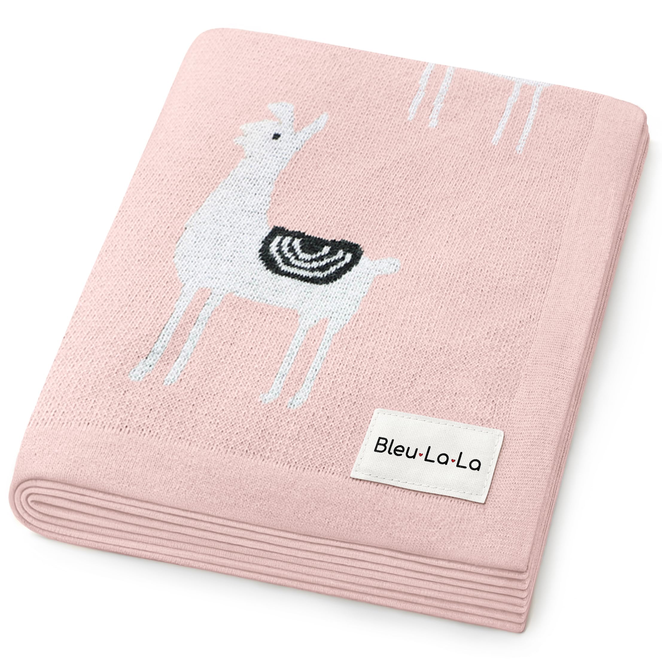 Bleu La La llama pink knit blanket front view for cozy swaddling and comfort.