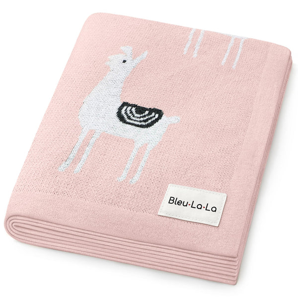 Bleu La La llama pink knit blanket front view for cozy swaddling and comfort.