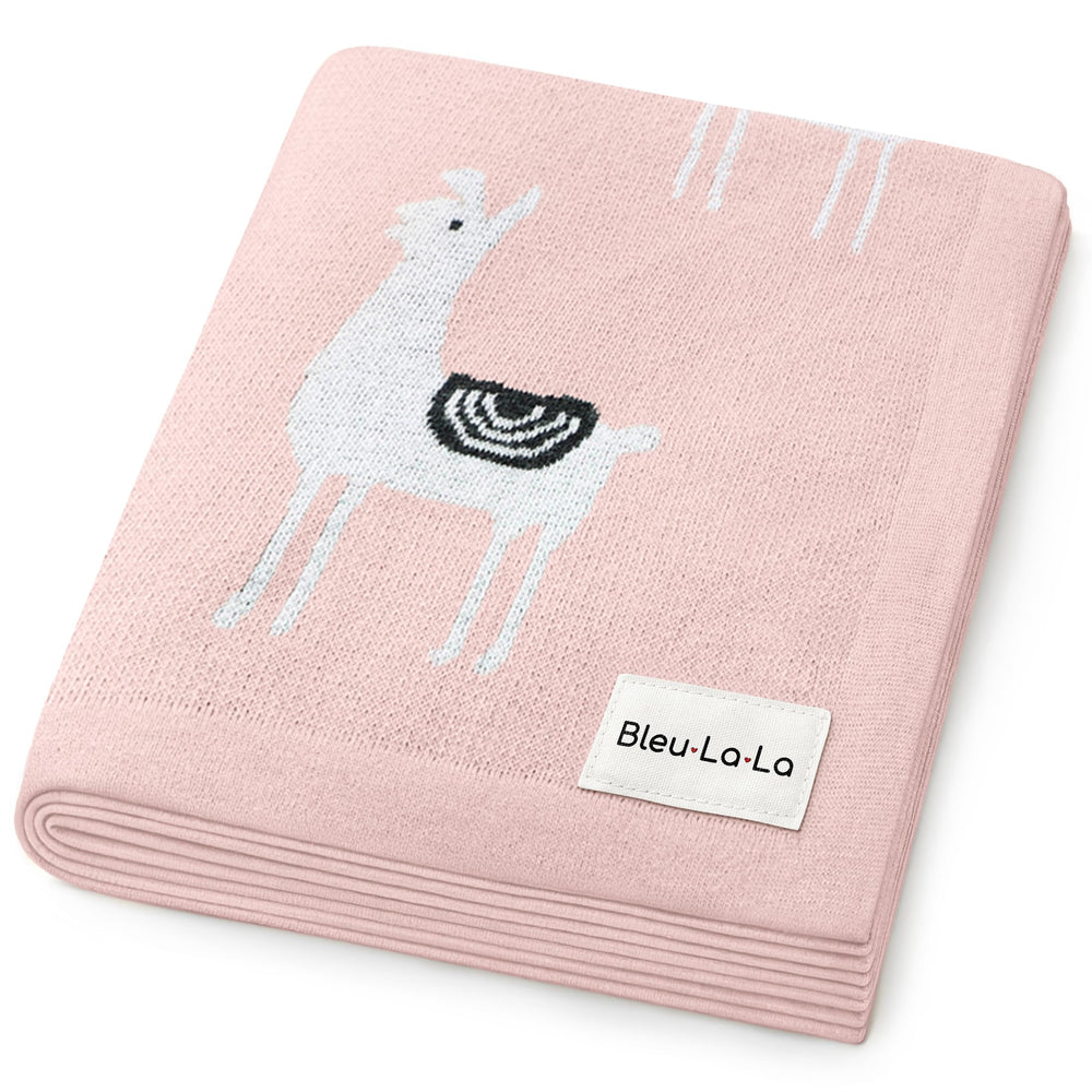 Bleu La La llama pink knit blanket front view for cozy swaddling and comfort.