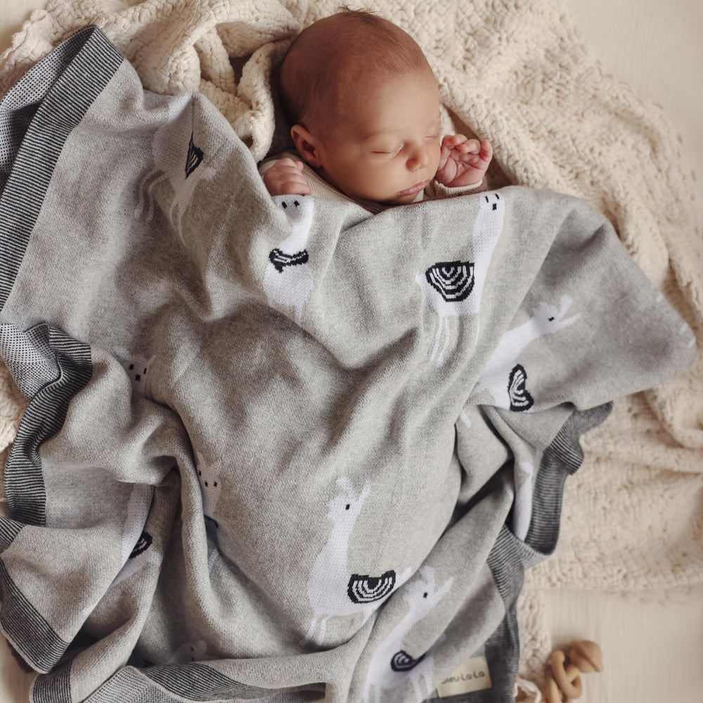 Bleu La La llama pink knit blanket in stroller for on-the-go cuddles.