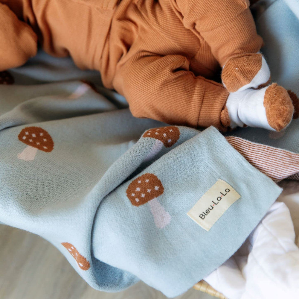 Bleu La La Mushroom Blue blanket machine washable care guidance.