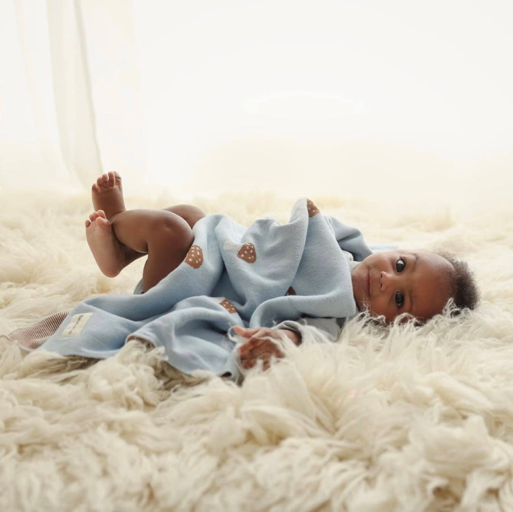 Bleu La La Mushroom Blue blanket swaddle view showing cozy wrap for newborns.