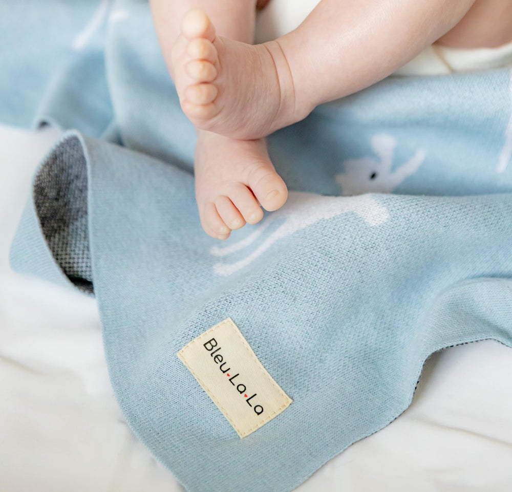 Bleu La La nursery decor blanket with llama motif adds warmth.