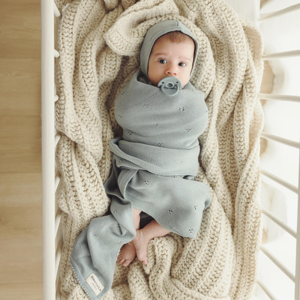 Bleu La La Pointelle swaddle knit close-up, breathable texture for comfortable everyday use.
